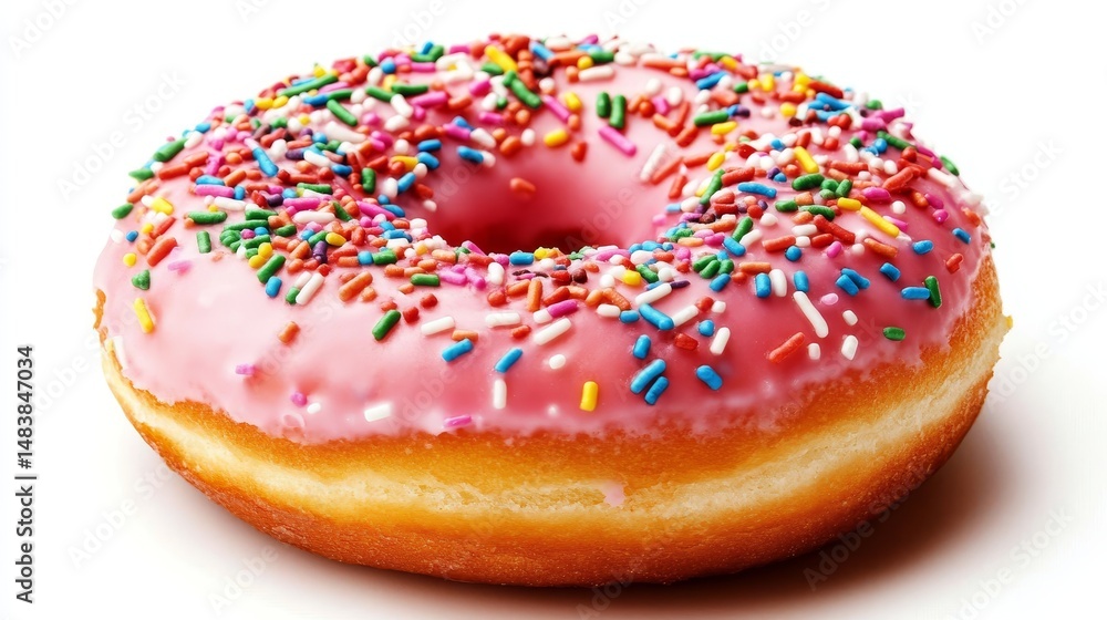 A pink donut with sweet frosting and rainbow sprinkles. It's on a white background.
