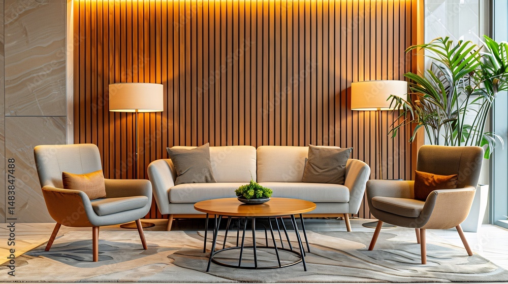 Fototapeta premium Relaxed break area with plush seating soft lighting and muted earth tones The space offers employees a tranquil spot to recharge and brainstorm new ideas