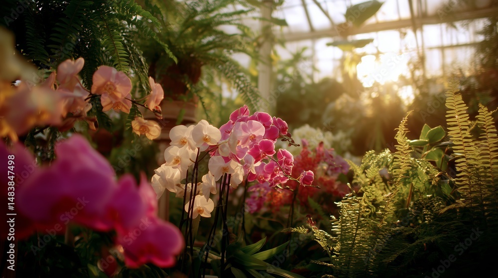 Beautiful orchids blooming in a vibrant greenhouse during sunset with sunlight filtering through foliage