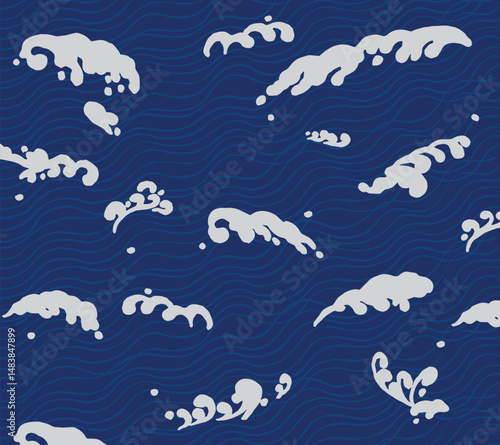 Hand drawn ink brush lines abstract minimal monochromatic waves and water pattern in indigo blue and white, Japanese and ethnic wood carving, block print texture background, simple and humble graphic