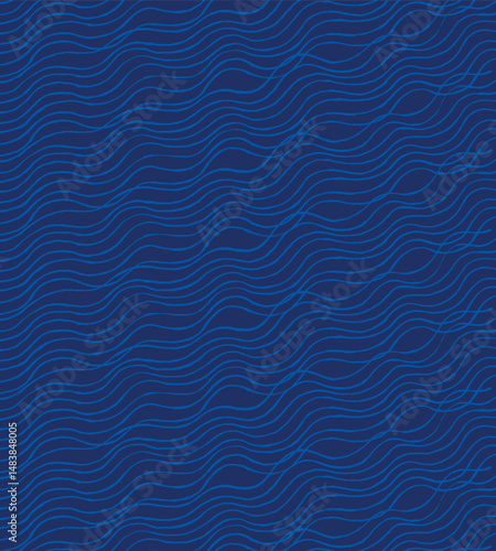 Hand drawn brush lines minimal waves and water pattern in indigo blue, Japanese and ethnic wood carving, block print texture background, simple graphic for textile, carpet, packaging