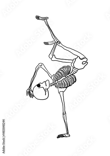 A black and white illustration of a dancing skeleton performing a breakdance move. Humorous and creative Halloween-themed artwork on a white background, ideal for posters, t-shirts, or digital content