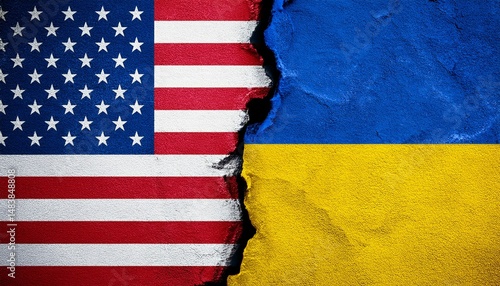 flags of usa and ukraine painted on cracked wall