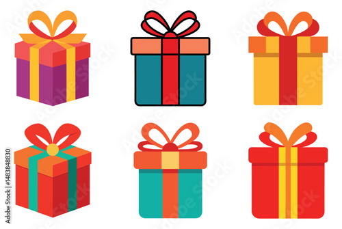 set of colorful gift boxes icon, A vector set of colorful gift boxes with ribbon and bow for any happy holiday celebration surprise,set of gift boxes, bundle of gift boxes vector
