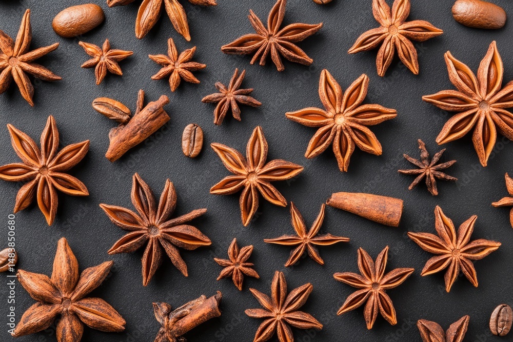 Dried spices, star anise, cinnamon, coffee beans Dried spices, star anise, cinnamon, coffee beans