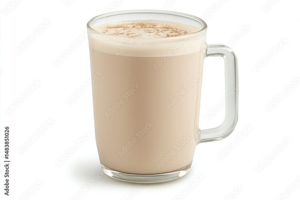 Creamy, spiced hot beverage in a glass mug Creamy, spiced hot beverage in a glass mug
