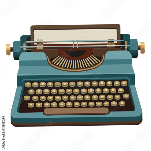 A colorful cartoon illustration of a vintage blue and brown typewriter with a blank sheet of paper inserted.