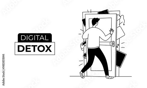 Doodle banner digital detox. Male internet user closing doors on devices. Exit from virtual world. Modern lifestyle. Vector linear illustration