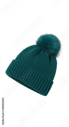 Teal knitted beanie hat with fluffy pompom winter fashion accessory 

