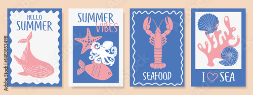 Abstract summer posters with marine theme. Fashionable summer design for advertising, sales, congratulations.