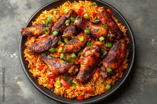 Nigerian food party Close up of a platter of jollof rice and fried chicken wings. above, horizontal top view. Generative AI