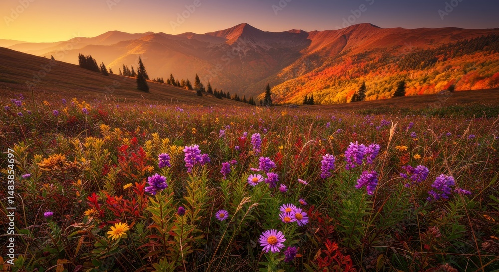 Obraz premium Autumn Meadow Sunset Kiss - Serene autumn mountain landscape, wildflowers in bloom, golden hour light, peaceful nature scene, symbolizes tranquility, beauty, and the fleeting nature of autumn