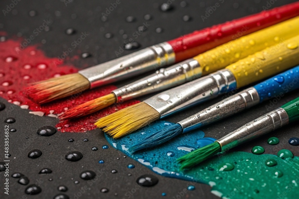 Fototapeta premium Closeup of Colorful Paintbrushes with Paint on a Dark Surface.