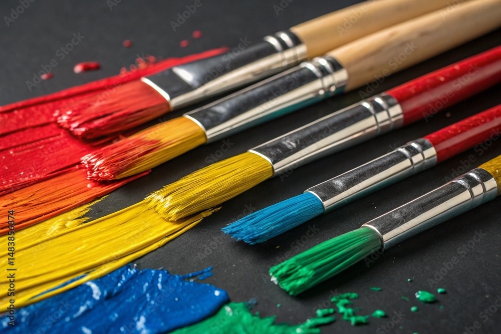 Obraz premium Closeup of Colorful Paintbrushes with Paint on a Dark Surface.