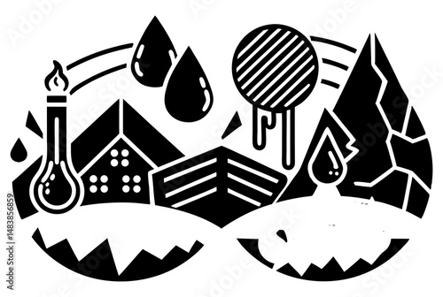  A black and white symbolic illustration depicting various environmental concerns including melting ice, rising water levels affecting buildings, pollution from a factory chimney, and acid rain.