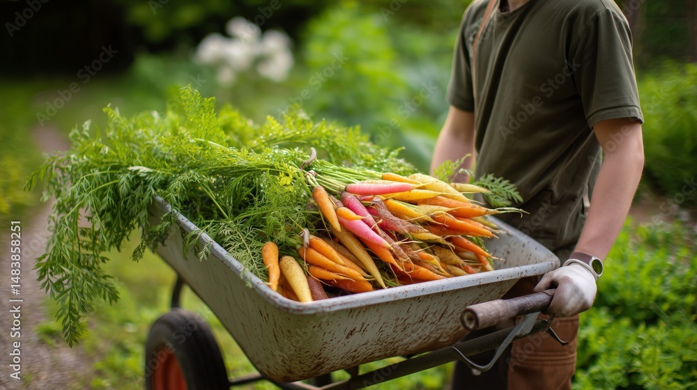 Gardener transports freshly harvested carrots in a wheelbarrow on a sunny day in a lush vegetable garden