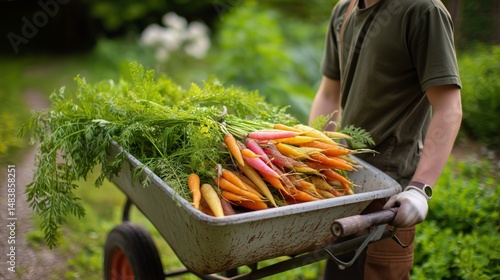 Obraz na płótnie Gardener transports freshly harvested carrots in a wheelbarrow on a sunny day in a lush vegetable garden w salonie