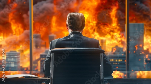 A man watches the city burn.  He sits calmly in a chair, observing the fiery disaster outside the office window