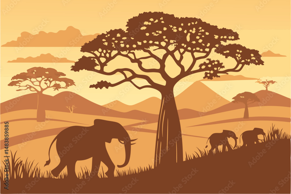 Fototapeta premium Generated AI Art African Savanna Sunset with Elephant Silhouettes