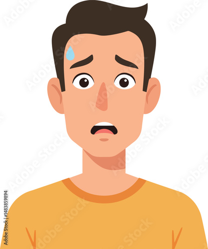 Worried man sweating in orange shirt facial expression vector illustration 
