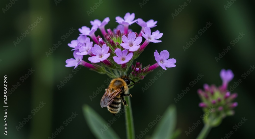 Bee on Purple Flower Bloom - A close-up shot of a bee collecting pollen from a cluster of vibrant purple flowers. The background is blurred, emphasizing the delicate details of the flower and bee Bee on Purple Flower Bloom - A close-up shot of a bee collecting pollen from a cluster of vibrant purple flowers. The background is blurred, emphasizing the delicate details of the flower and bee