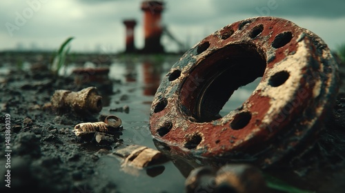 Rusty metal disc in puddle