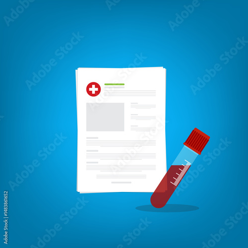 Blood test, analysis. Blood test icon. Medical analysis laboratory test. Medical sample in a plastic box and medical report.