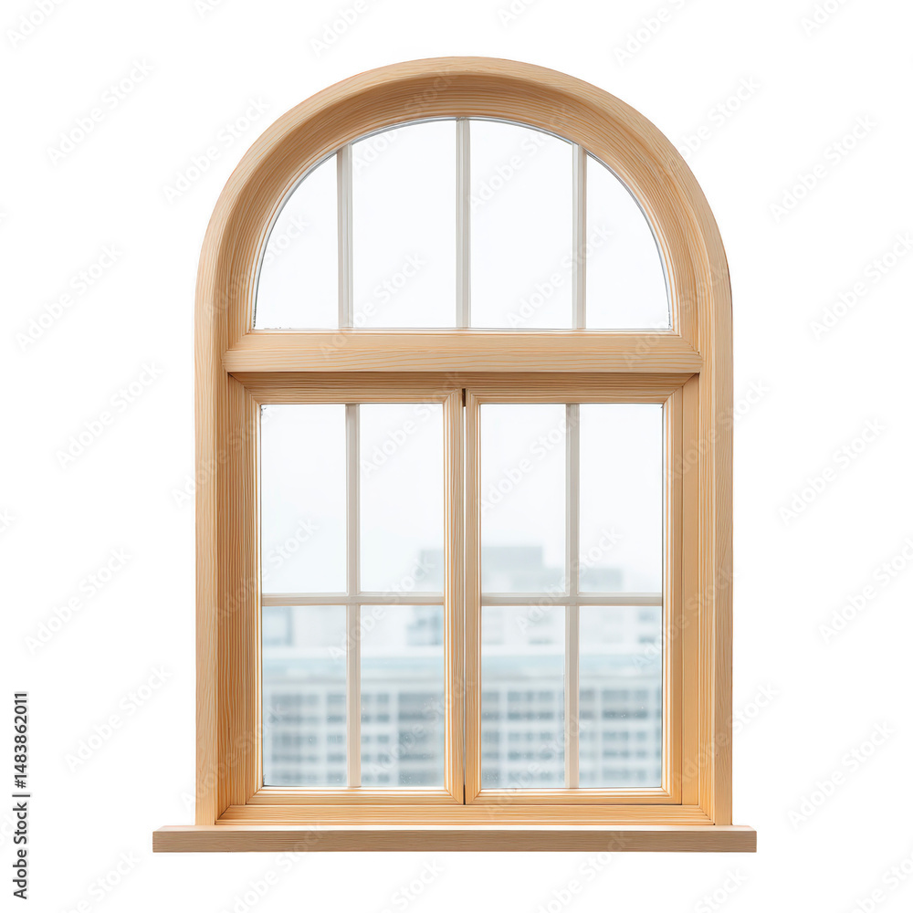 Fototapeta premium Arched wooden window with clear glass panes offers view of cityscape, blending classic design with modern architecture