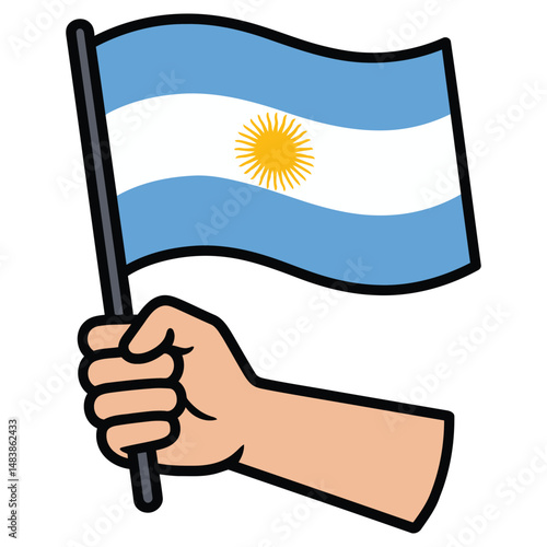 Hand Holding Argentinian Flag Waving Cartoon Illustration