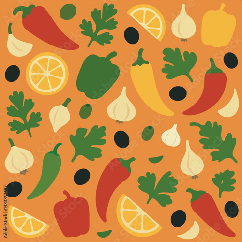 Seamless pattern of colorful vegetables: peppers, garlic, olives, lemon, and parsley on an orange background. Food illustration