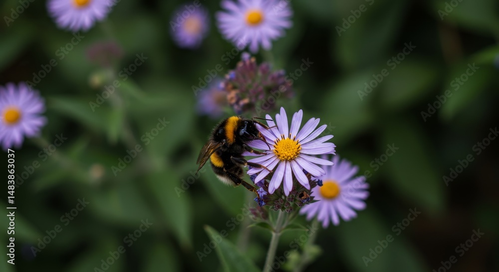 Obraz premium Bumblebee on Purple Daisy - A close-up shot of a bumblebee pollinating a vibrant purple daisy, surrounded by a soft-focus background of more daisies and greenery