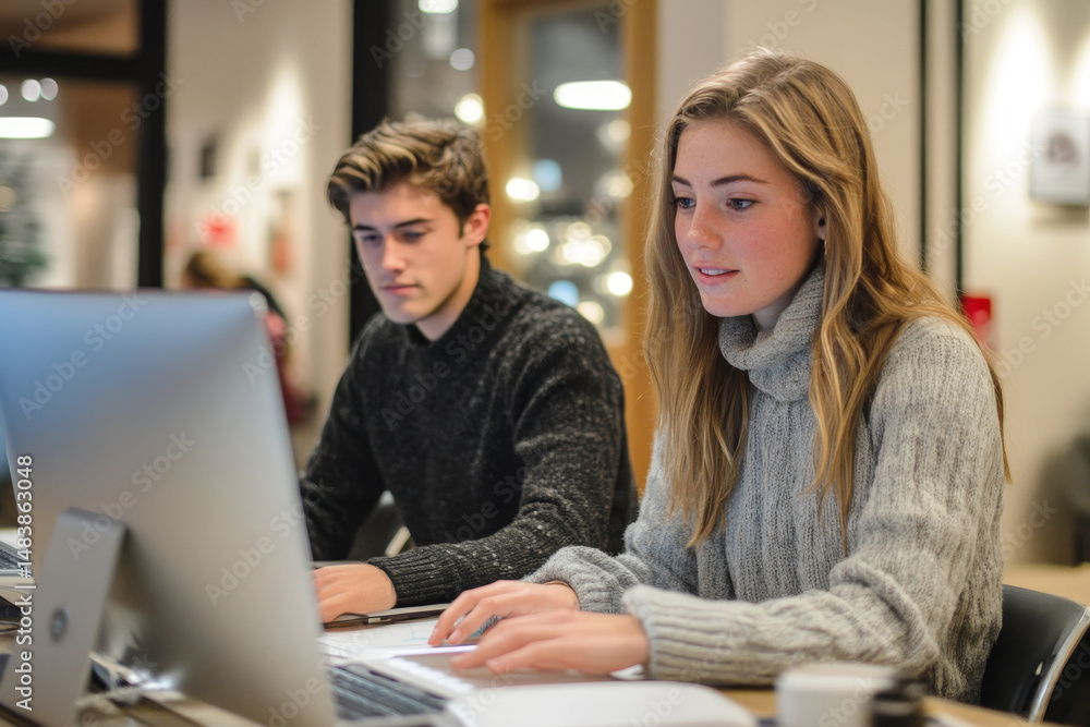 Man and woman working on computer in office Man and woman working on computer in office