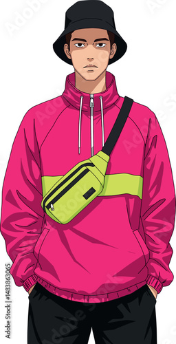 Young man wearing bright pink hoodie with yellow crossbody bag casual streetwear vector illustration 