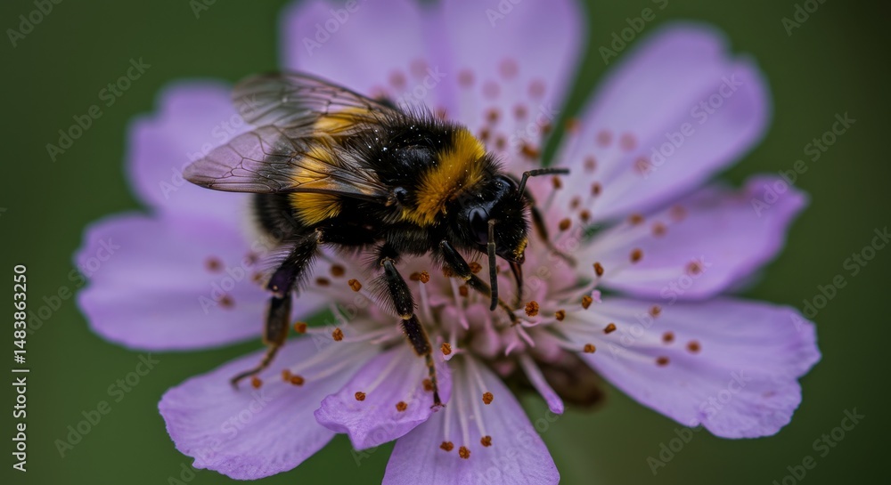 Bumblebee on Purple Flower - Close-up of a bumblebee collecting pollen from a delicate purple flower Bumblebee on Purple Flower - Close-up of a bumblebee collecting pollen from a delicate purple flower