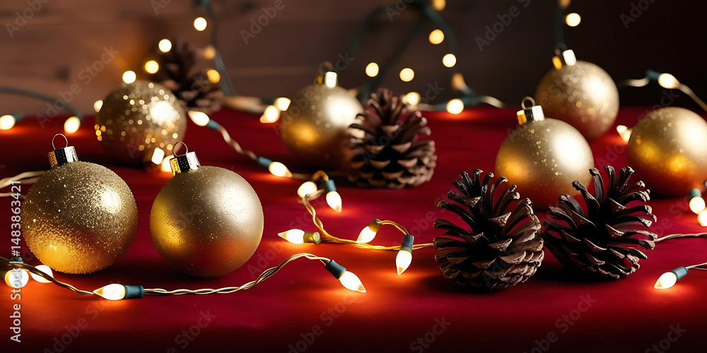 Fototapeta premium Warm Christmas Decoration with Golden Baubles and Pinecones on Red Background