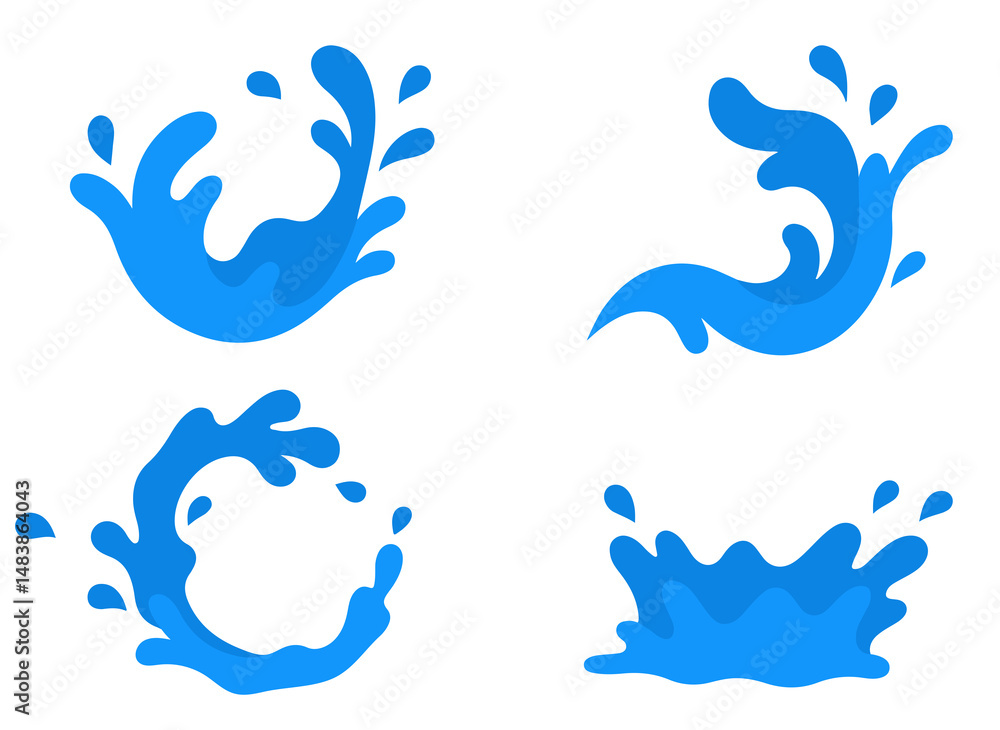 Naklejka premium Water Splash Vector Set, Cartoon Water Splashes Pack, Blue Water Splatter Illustrations, Dynamic Water Effects Vector, Liquid Burst Vector Collection
