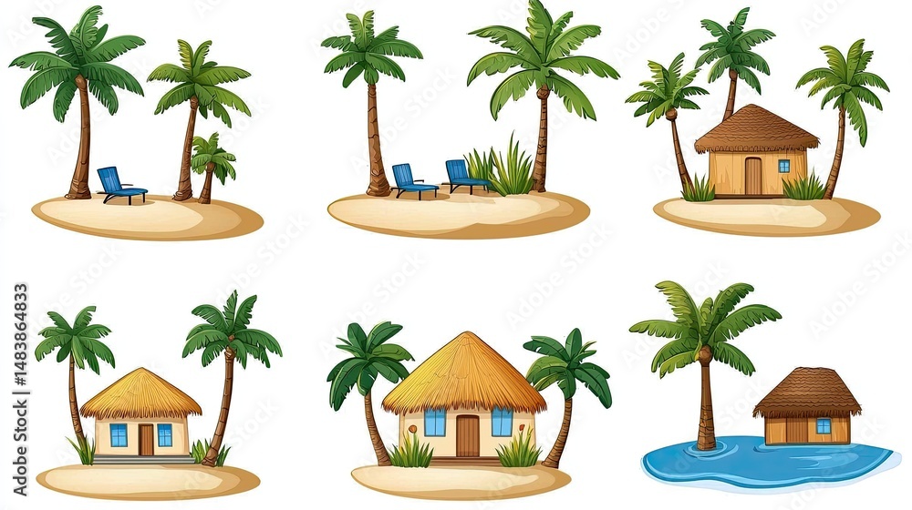 Fototapeta premium Tropical Island Scenes Showing Houses and Palm Trees