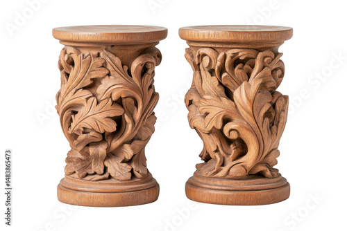 Pair of carved wooden pedestals isolated on transparent background