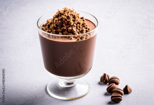 Two glasses of chocolate pudding with granola on top.