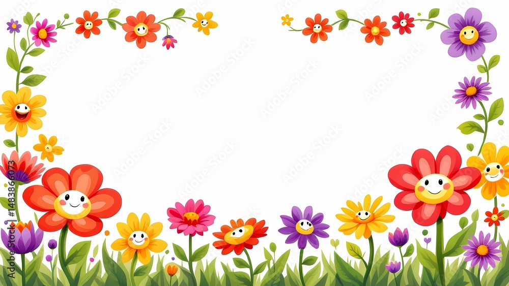 Happy smiling flowers frame cheerful spring vibrant design perfect for cards invitations and more Happy smiling flowers frame cheerful spring vibrant design perfect for cards invitations and more