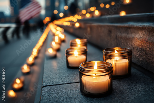 Candles in remembrance with blurred American flag