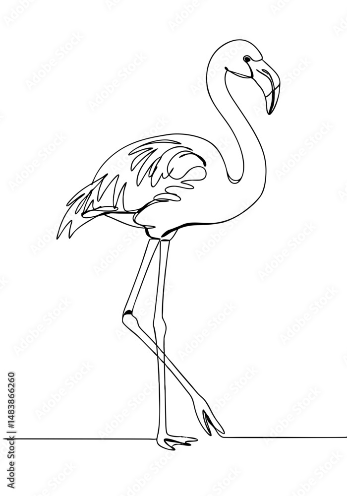 Obraz premium Single line drawing of a flamingo standing on one leg against background 