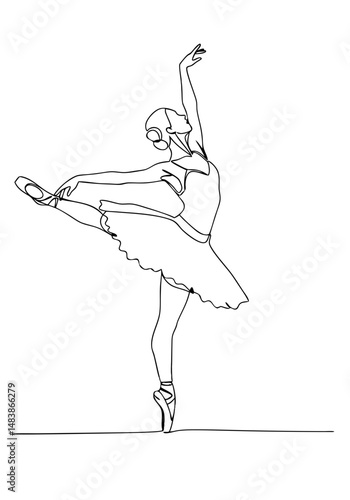 Elegant ballerina dancing in a graceful pose, continuous line art, transparent background  