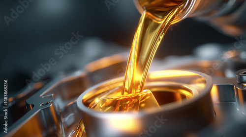 Close up of engine oil being poured into a car engine component for maintenance.