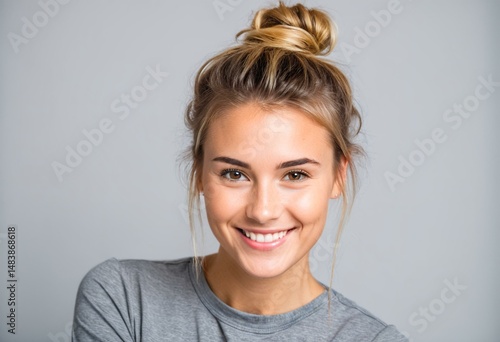 A woman with a messy top knot smiles at the camera.