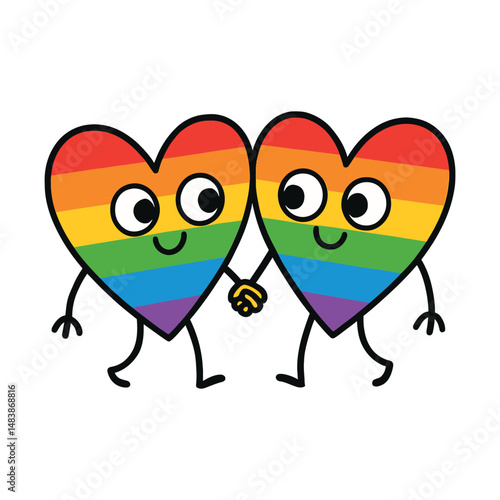 Two Rainbow Hearts Holding Hands Cute Cartoon Illustration