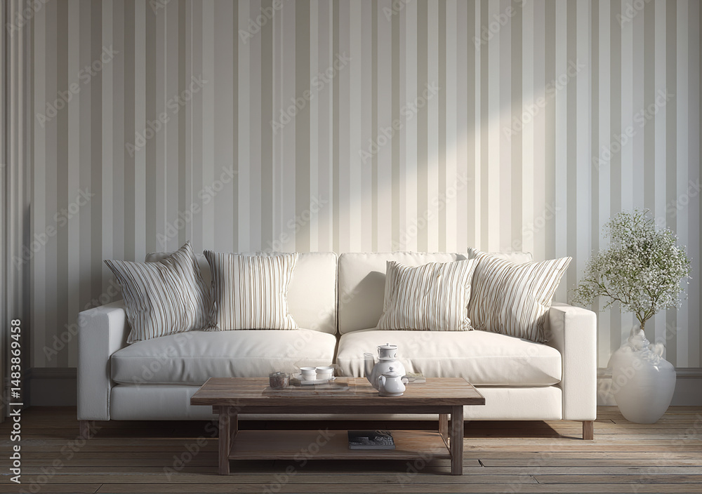 Fototapeta premium Elegant living room interior with striped wallpaper comfortable sofa and minimalist decoration