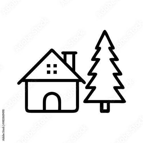 Simple line drawing of cottage house next to pine tree, icon, vector 