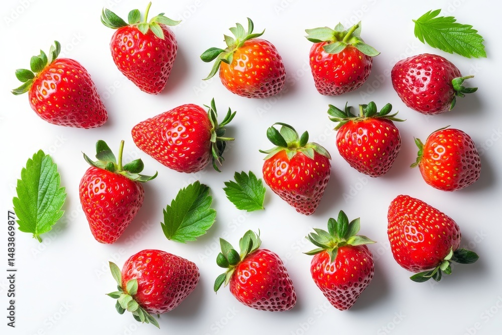 Red Strawberries with green leaf isolate on white background. Top view with clipping path. Full Depth of field. Focus stacking. PNG Red Strawberries with green leaf isolate on white background. Top view with clipping path. Full Depth of field. Focus stacking. PNG