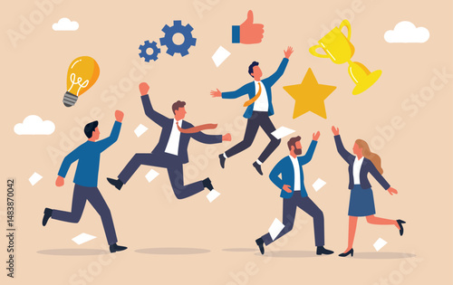 Silhouetted people celebrating, dancing, and jumping together flat design style illustration